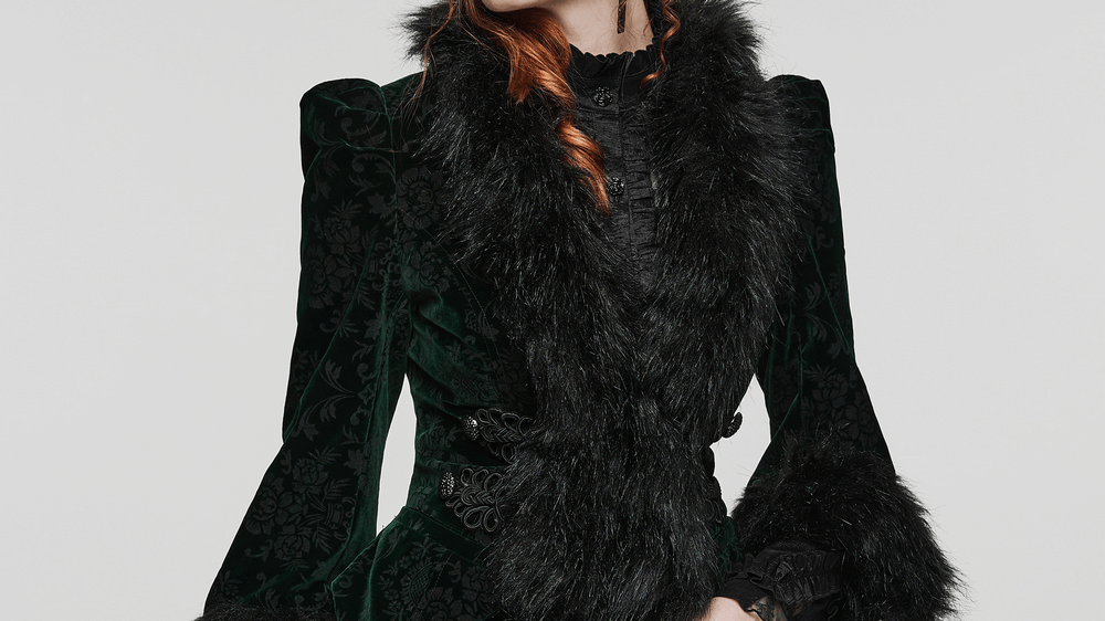Opulent Embossed Velvet Goth Short Jacket with luxurious wool trim and elegant detailing.