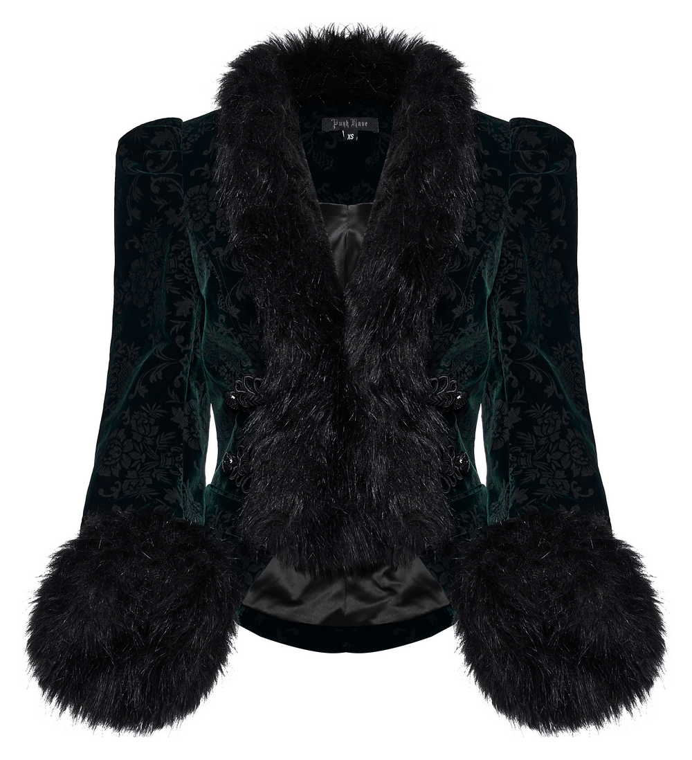 Opulent embossed velvet goth short jacket with luxurious wool trim and plush sleeves, perfect for fashion-forward statements.