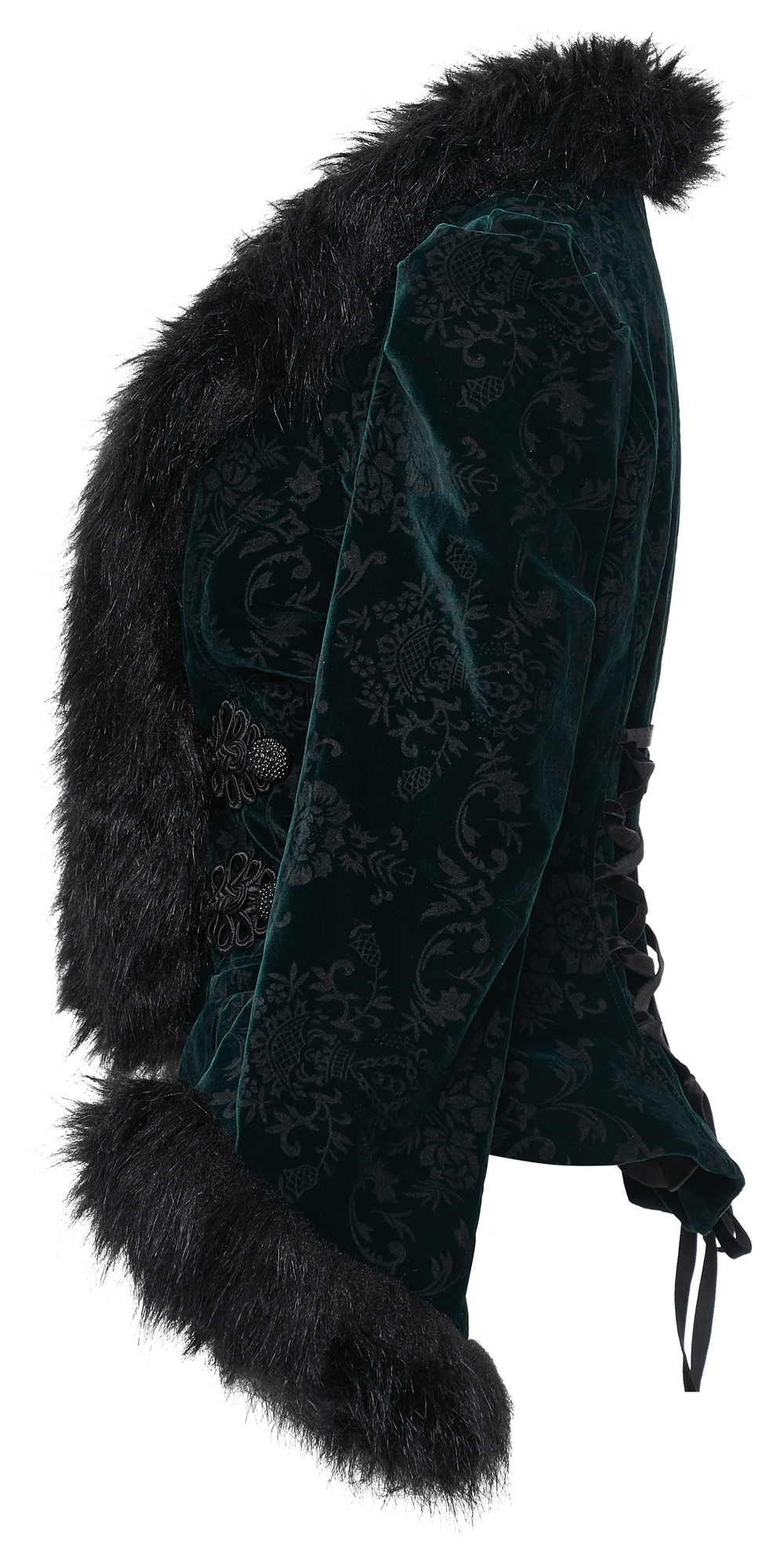 Side view of an embossed velvet goth short jacket with wool trim and lace-up detail, showcasing luxurious texture.
