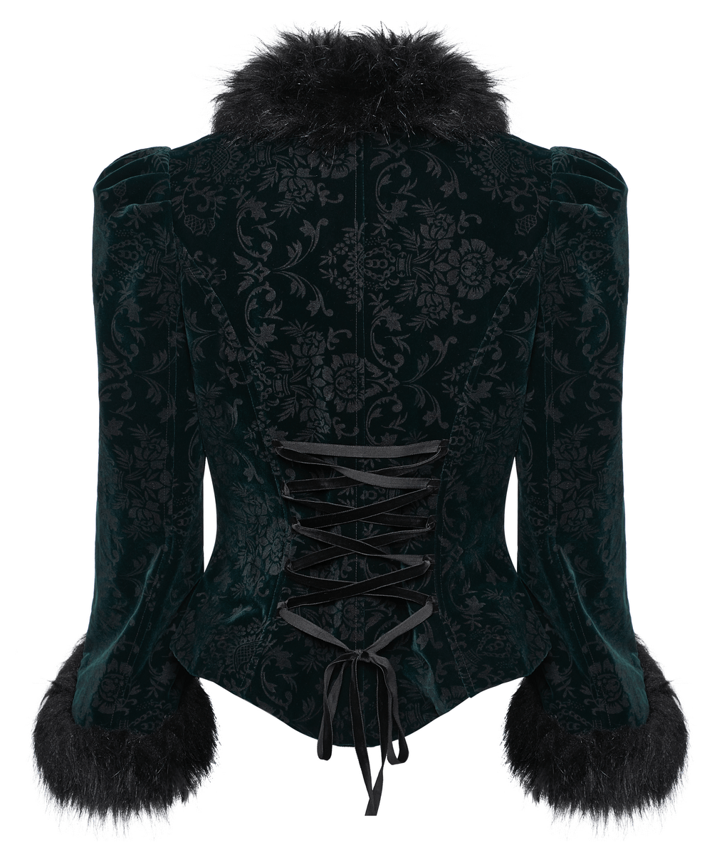 Back view of an Embossed Velvet Goth Short Jacket with wool trim and lace-up details, featuring fur cuffs for a luxe look.