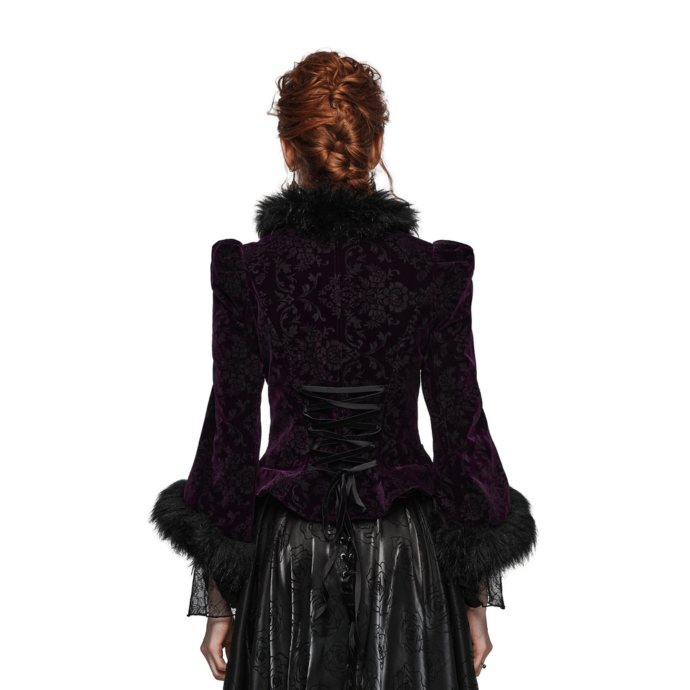 Gothic velvet jacket with fur detailing, viewed from the back, showcasing luxurious texture and elegant design.