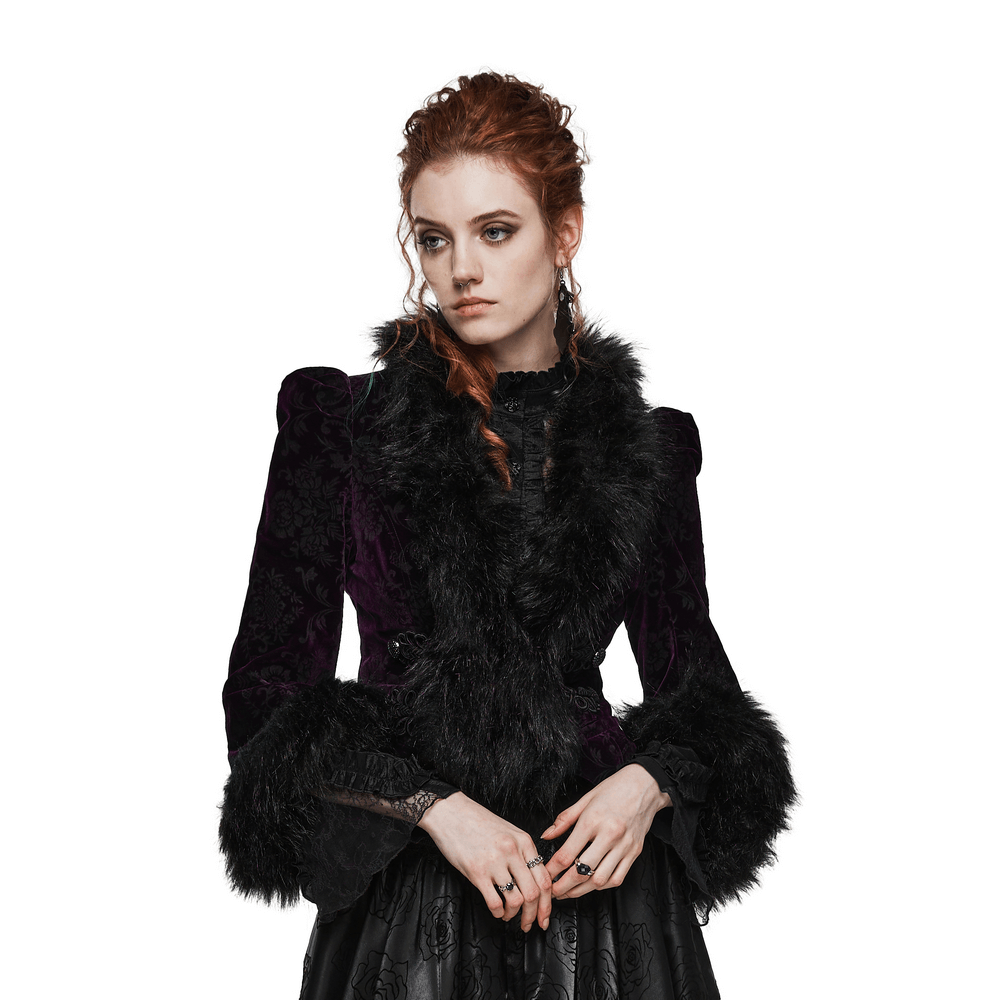 Elegant model showcasing an embossed velvet gothic jacket with luxurious fur detailing.