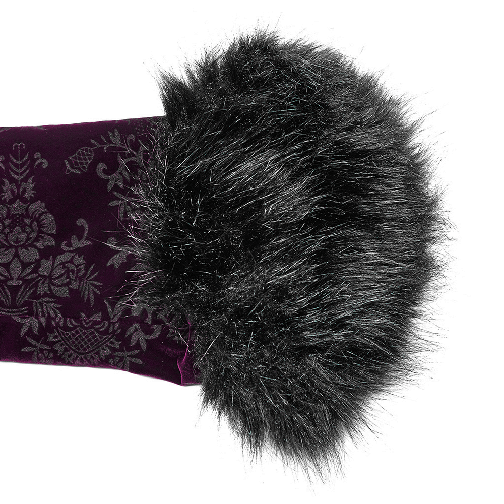 Close-up of luxurious black fur detailing on embossed velvet gothic jacket, showcasing rich texture and style.