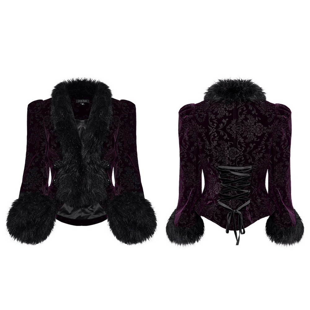 Stylish embossed velvet gothic jacket with luxurious fur detailing and unique lace-up back design.