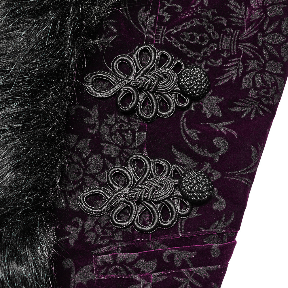 Close-up of embossed velvet gothic jacket with fur detailing and ornate black button accents.