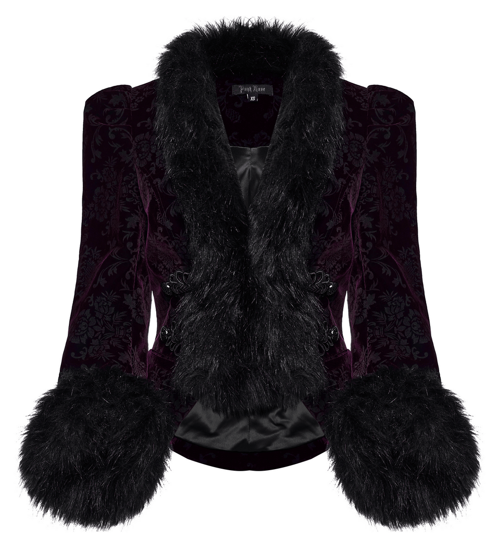 Luxurious embossed velvet gothic jacket with dramatic fur detailing, perfect for a dark romantic look.