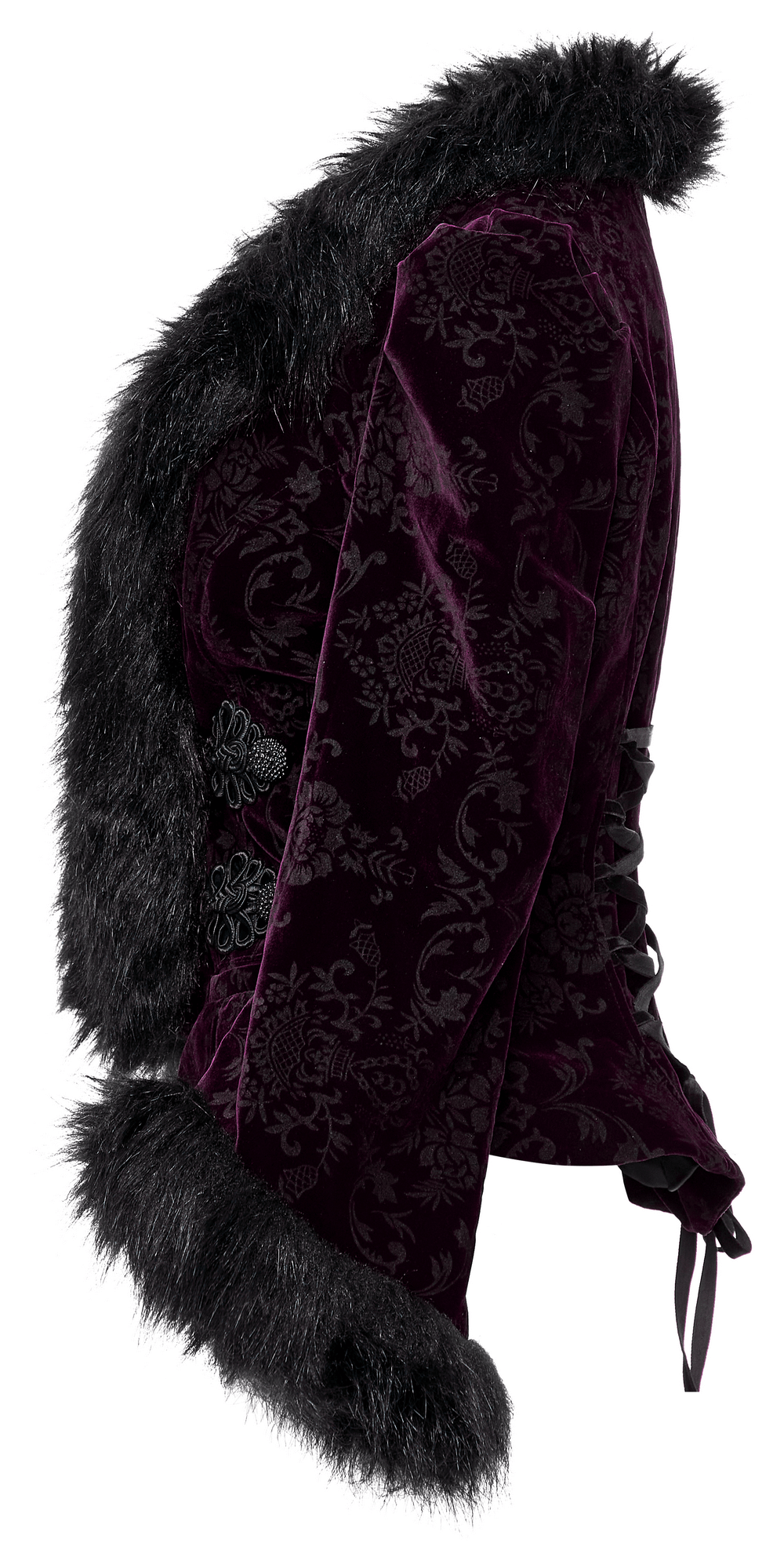 Side view of an embossed velvet gothic jacket with luxurious fur detailing in deep purple.