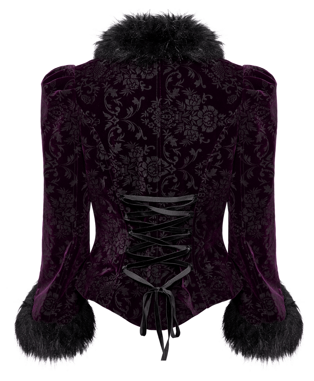 Back view of embellished velvet gothic jacket with fur collar and lace-up detailing, showcasing luxurious texture.