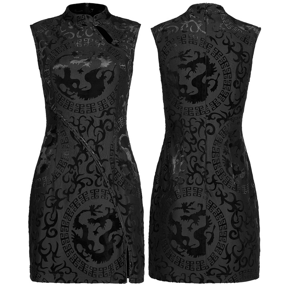 Embroidered Dragon A-Line Dress in stretch velvet, featuring a unique black Oriental dragon design and chic plastic buckle.