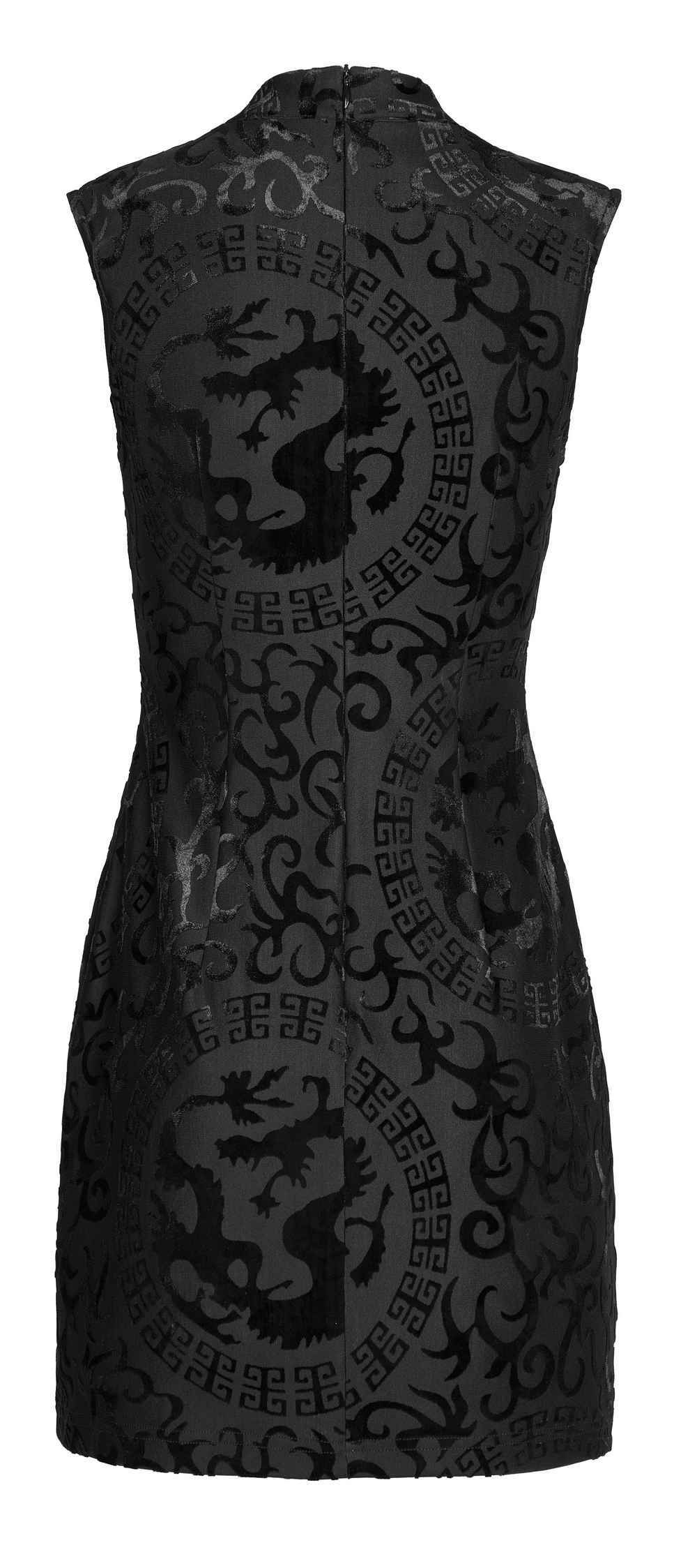 Back view of Embroidered Dragon A-Line Dress in stretch velvet with intricate black dragon design.