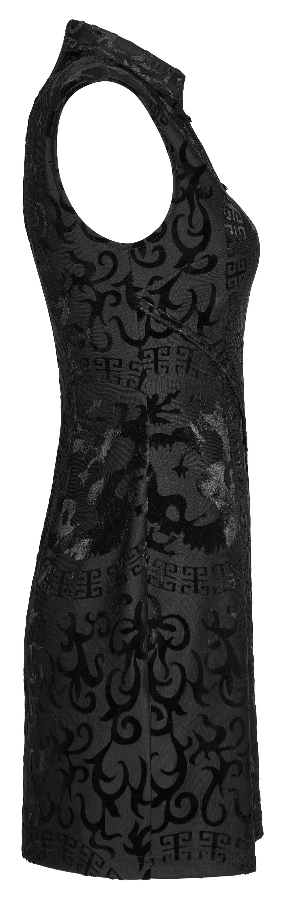 Embroidered Dragon A-Line Dress in stretch velvet, featuring a sleek side view and unique burnt-flower dragon design.
