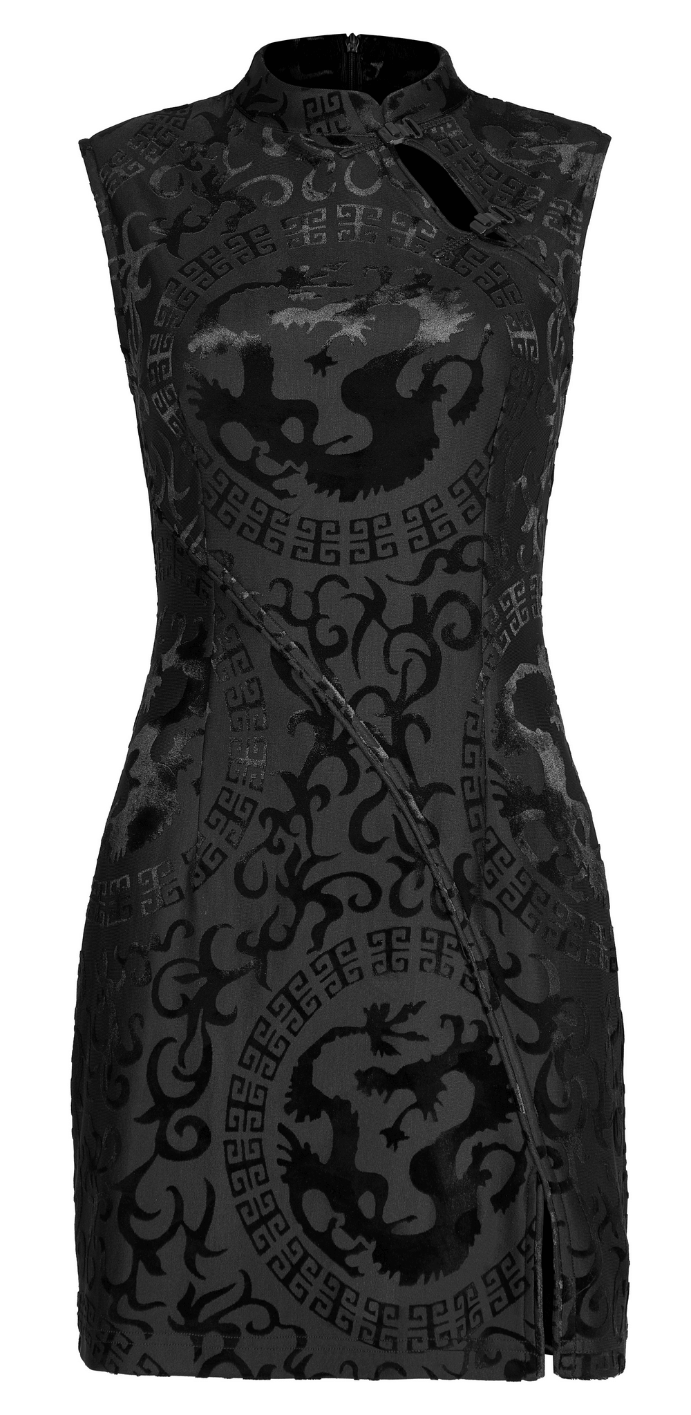 Elegant sleeveless embroidered dragon A-line mini dress in stretch velvet with unique design and trendy buckle detail.