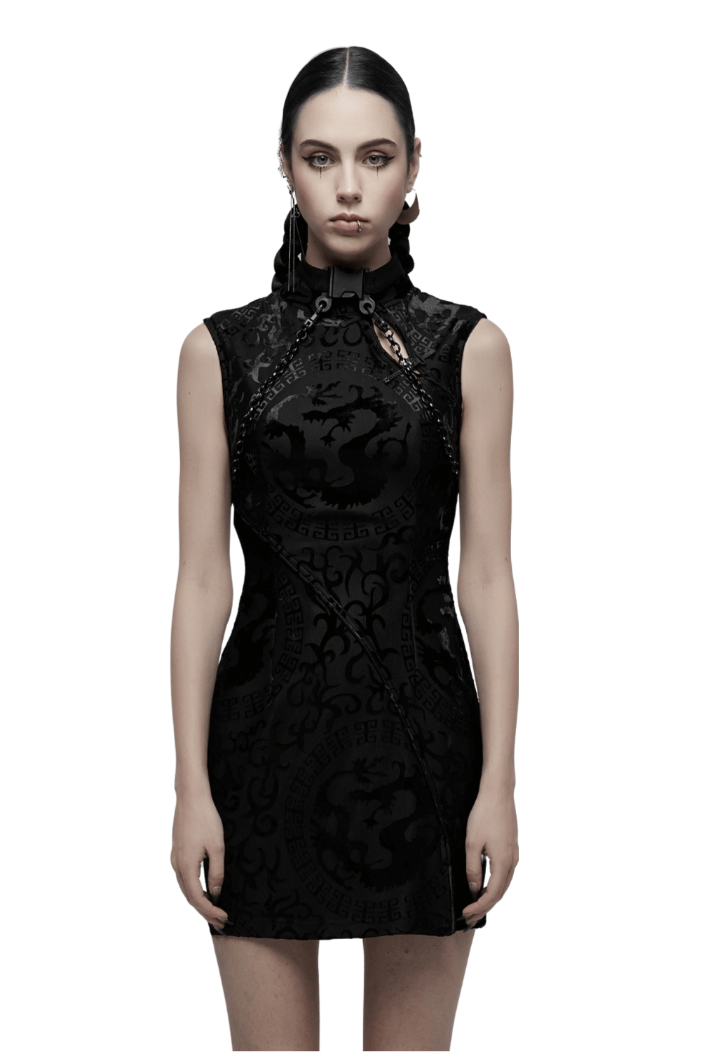Embroidered Dragon A-Line Dress in Stretch Velvet with stylish details and unique black velvet fabric.