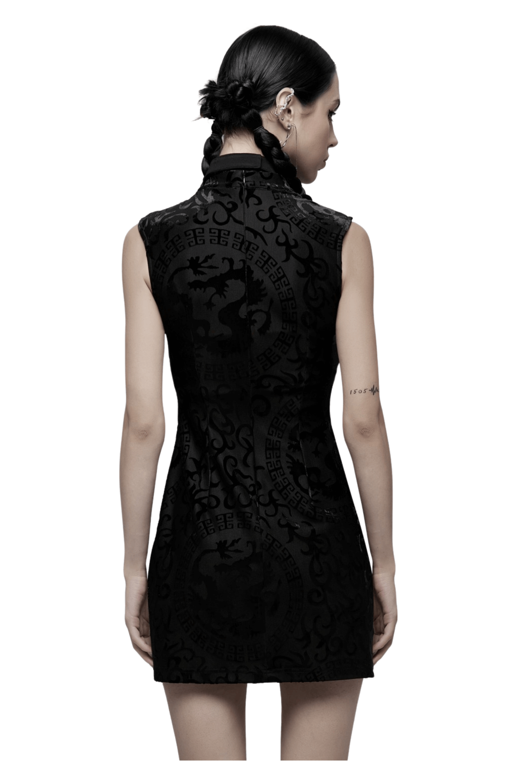 Back view of the Embroidered Dragon A-Line Dress showcasing the elegant velvet fabric and intricate dragon design.