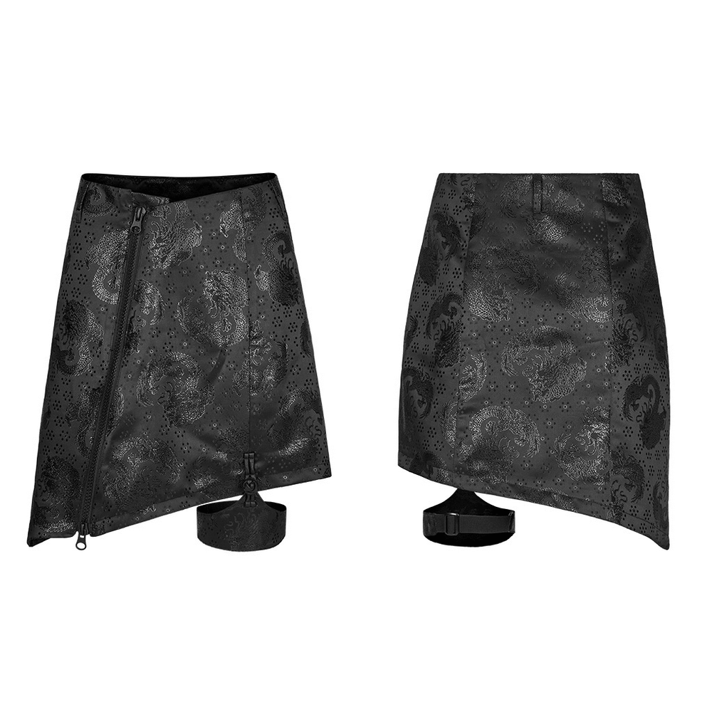 Embroidered dragon asymmetrical skirt with garters, featuring a sleek black jacquard pattern and adjustable leg loops.