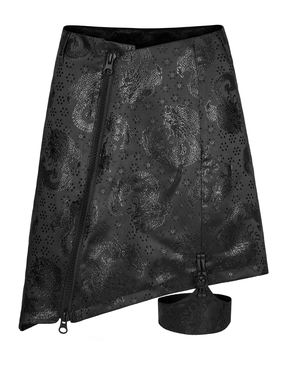 Embroidered dragon asymmetrical skirt with detachable garter, featuring a stylish jacquard texture and edgy split design.