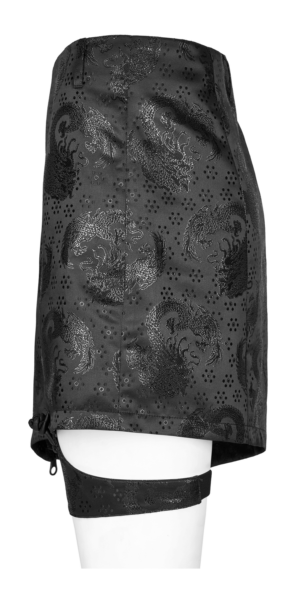 Embroidered dragon asymmetrical skirt with garters in black jacquard, showcasing unique design and edgy allure.