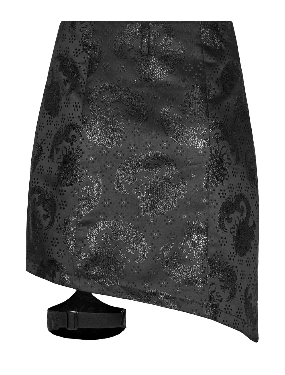 Embroidered dragon jacquard skirt with asymmetrical design and adjustable garters for a bold look.