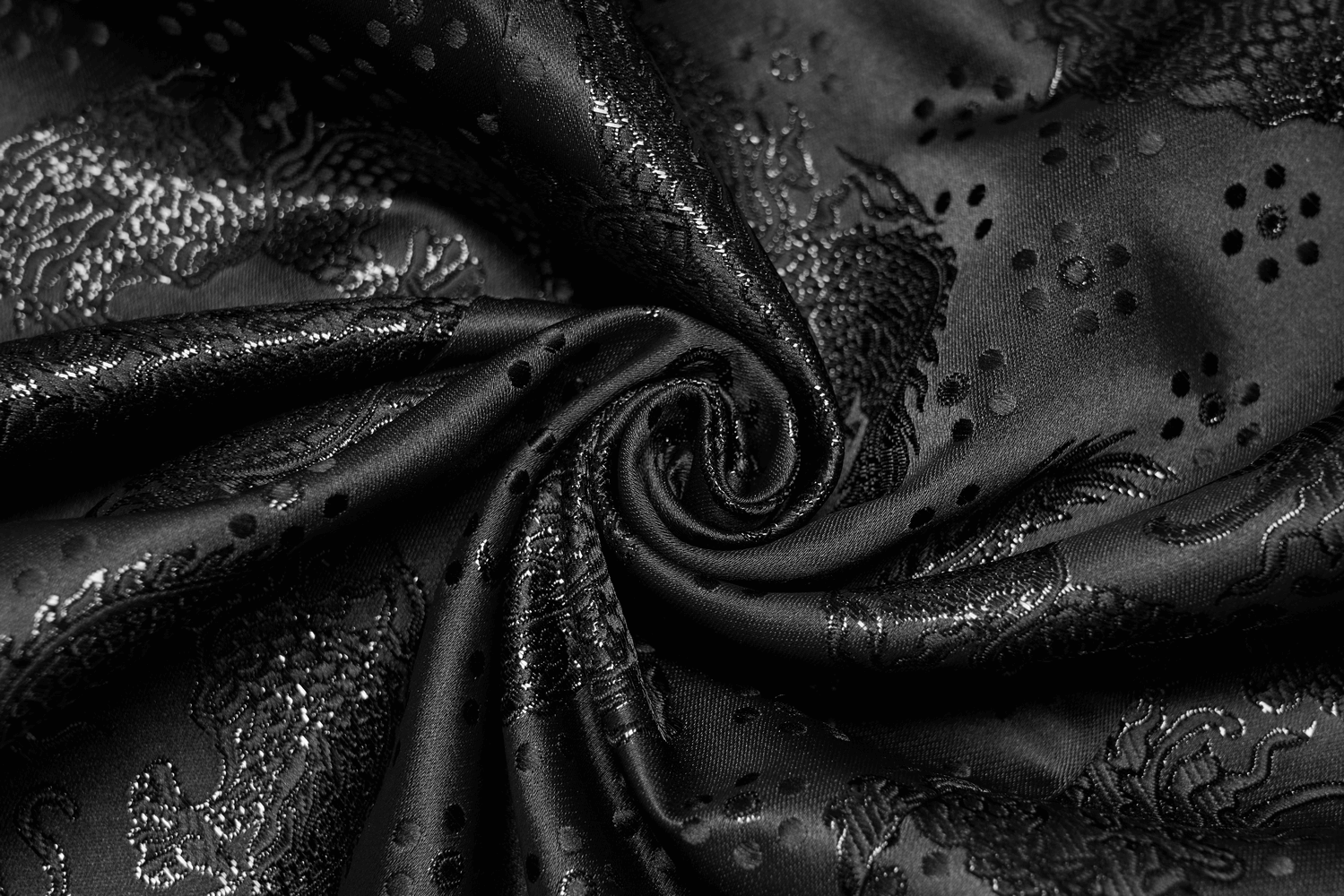 Luxurious black jacquard fabric featuring intricate dragon patterns, perfect for fashion-forward designs.