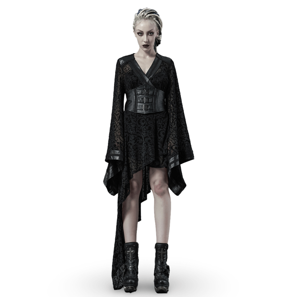 Gothic asymmetrical kimono dress with embroidered details and detachable belt, showcasing dark elegance and edgy style.