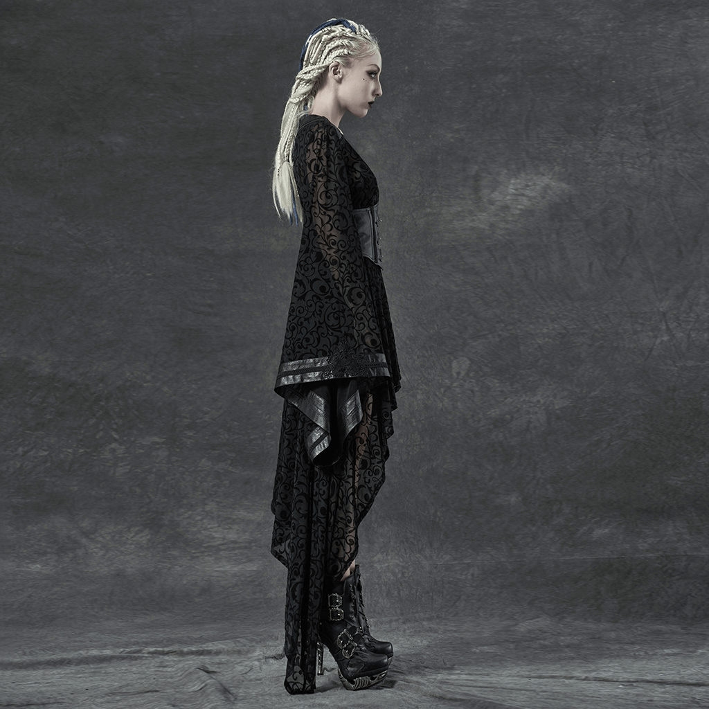 Gothic asymmetrical kimono dress with embroidered accents and detachable belt, showcasing dark elegance.