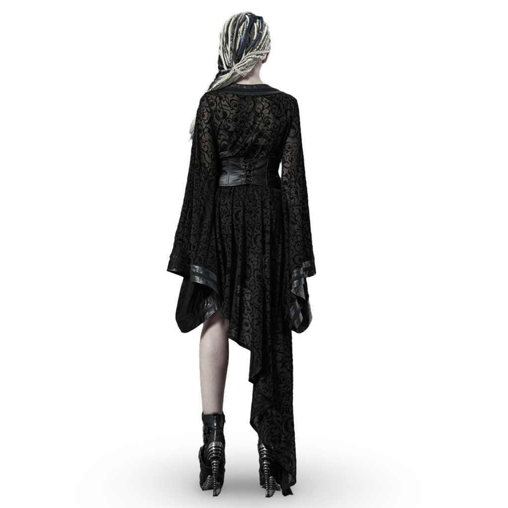 Back view of a Gothic embroidered kimono dress with asymmetrical hem and detachable belt.