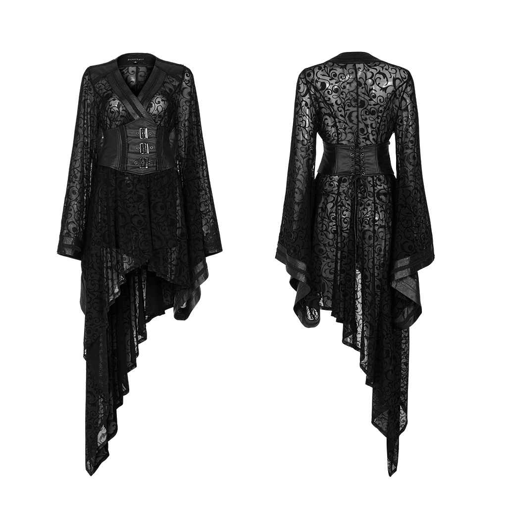 Gothic asymmetrical kimono dress in black with embroidered accents and detachable belt, showcasing elegant flow.