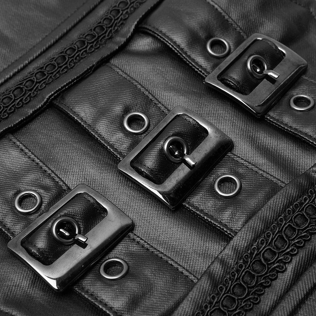 Close-up of black fabric detailing with buckles and eyelets for a gothic kimono dress.