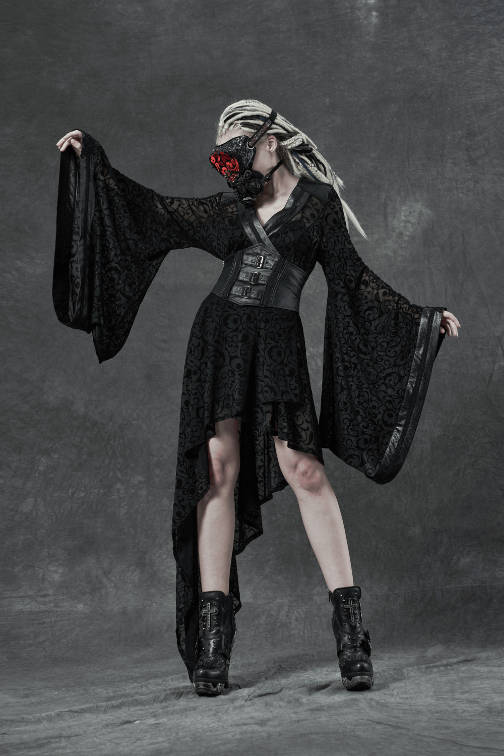 Gothic asymmetrical kimono dress with embroidered accents, detachable belt, and stylish black boots.