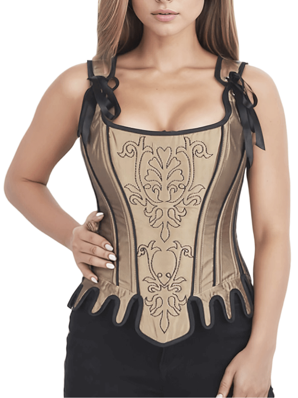 Embroidered overbust corset with steel boning, side zipper, and elegant lace-up detailing.