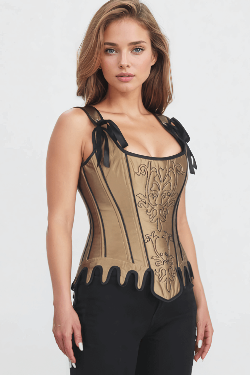 Elegant embroidered overbust corset with spiral boning, side zipper, and adjustable lacing for a chic silhouette.