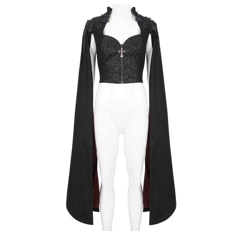Gothic embroidered shoulder top with long flared sleeves and zipper detail, perfect for alternative fashion.