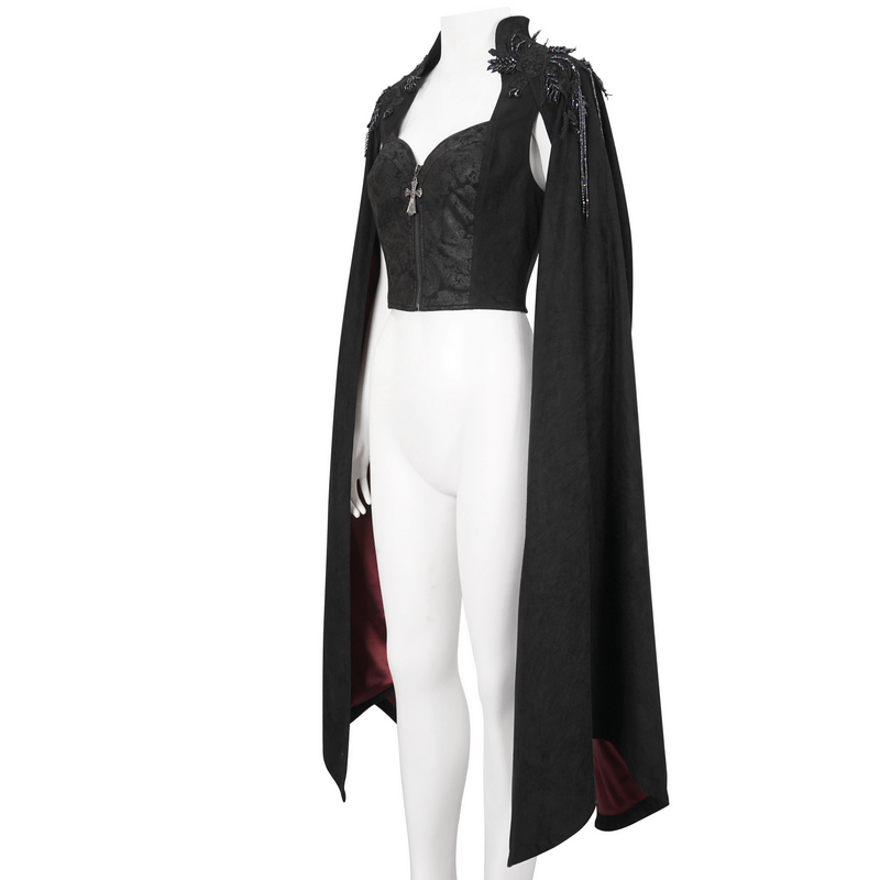 Gothic embroidered top with long flared sleeves and zipper detail, showcasing dark elegance and alternative fashion.