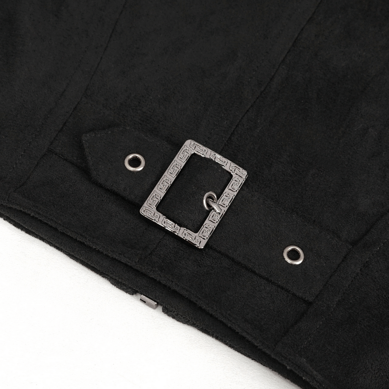Close-up of a gothic-style black top featuring a decorative buckle and eyelets for a stylish edge.