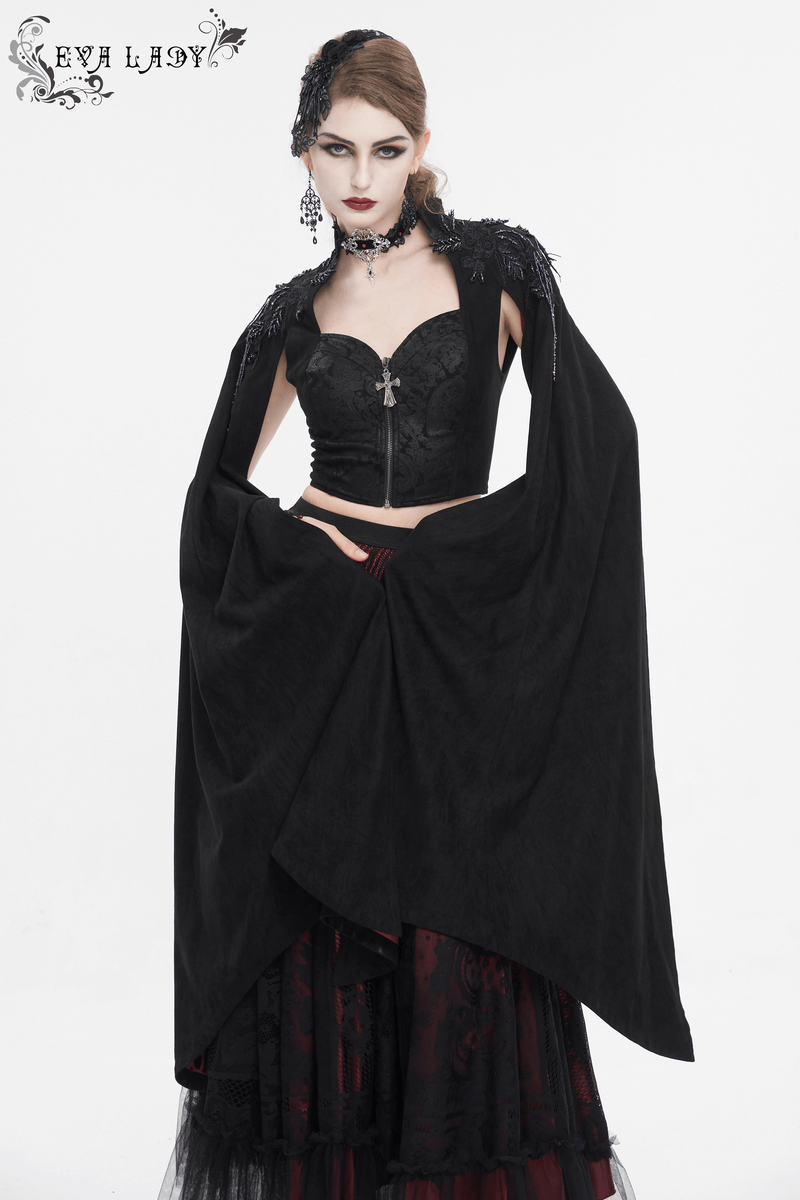 Gothic women's embroidered top with long flared sleeves and zipper detail for edgy elegance.