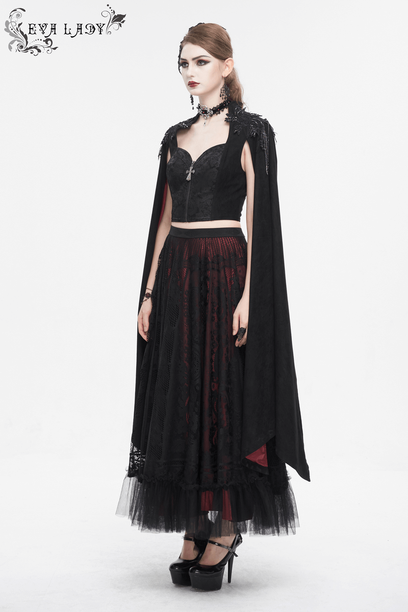 Gothic elegance outfit featuring a black crop top and long skirt with lace, perfect for alternative fashion lovers.