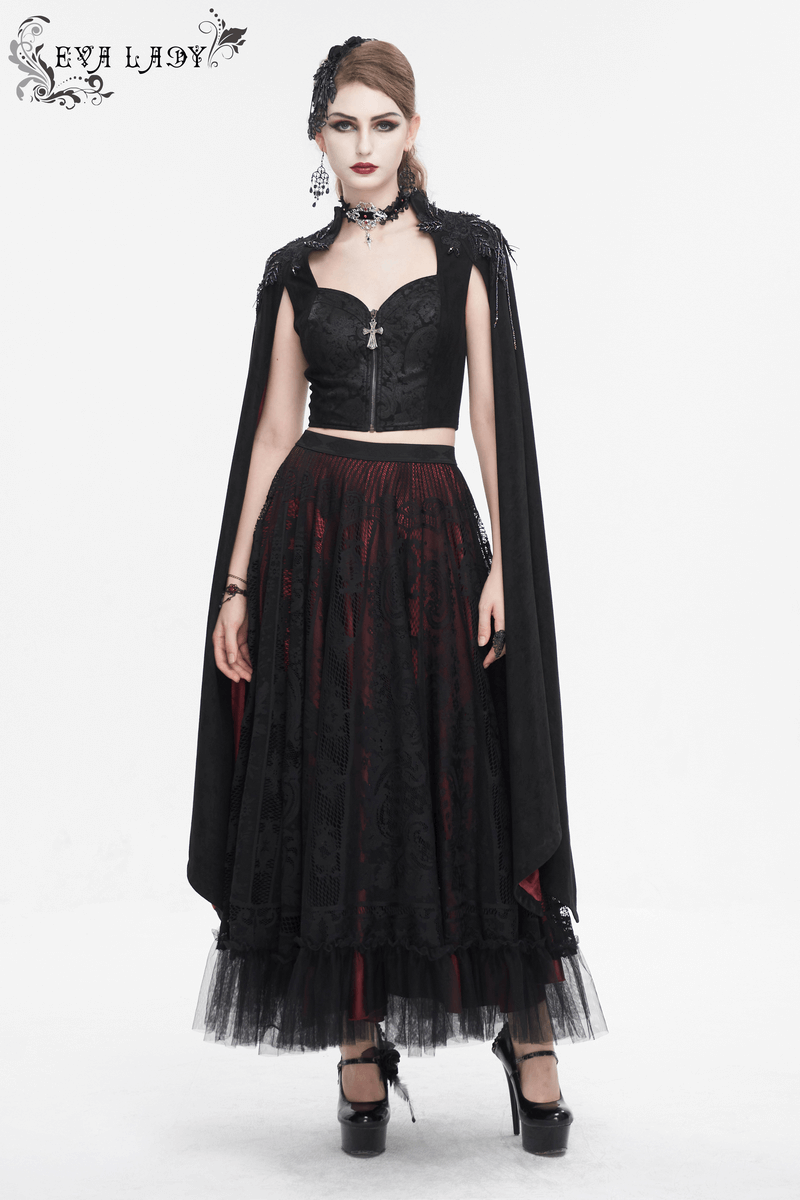 Embroidery Shoulders Top With Long Flared Sleeves / Gothic Zipper Slim Tops - HARD'N'HEAVY
