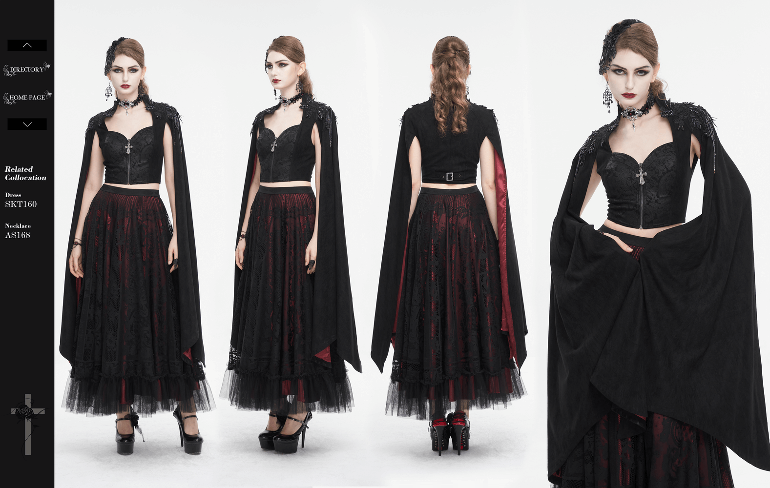 Gothic fashion showcasing a woman in a black cape and layered skirt, exuding dark elegance and alternative style.