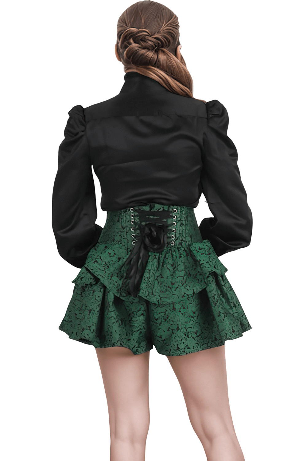 Emerald Green Brocade Corset Mini Skirt with Ruffles featuring dramatic ruffles and lace-up details, paired with a black blouse.