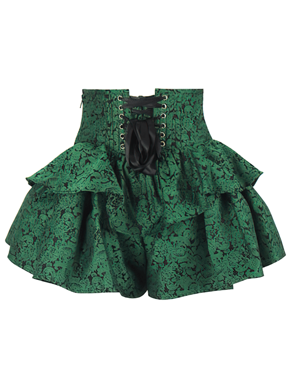 Emerald Green Brocade Corset Mini Skirt with Ruffles showcasing a gothic lace-up front and layered ruffles.