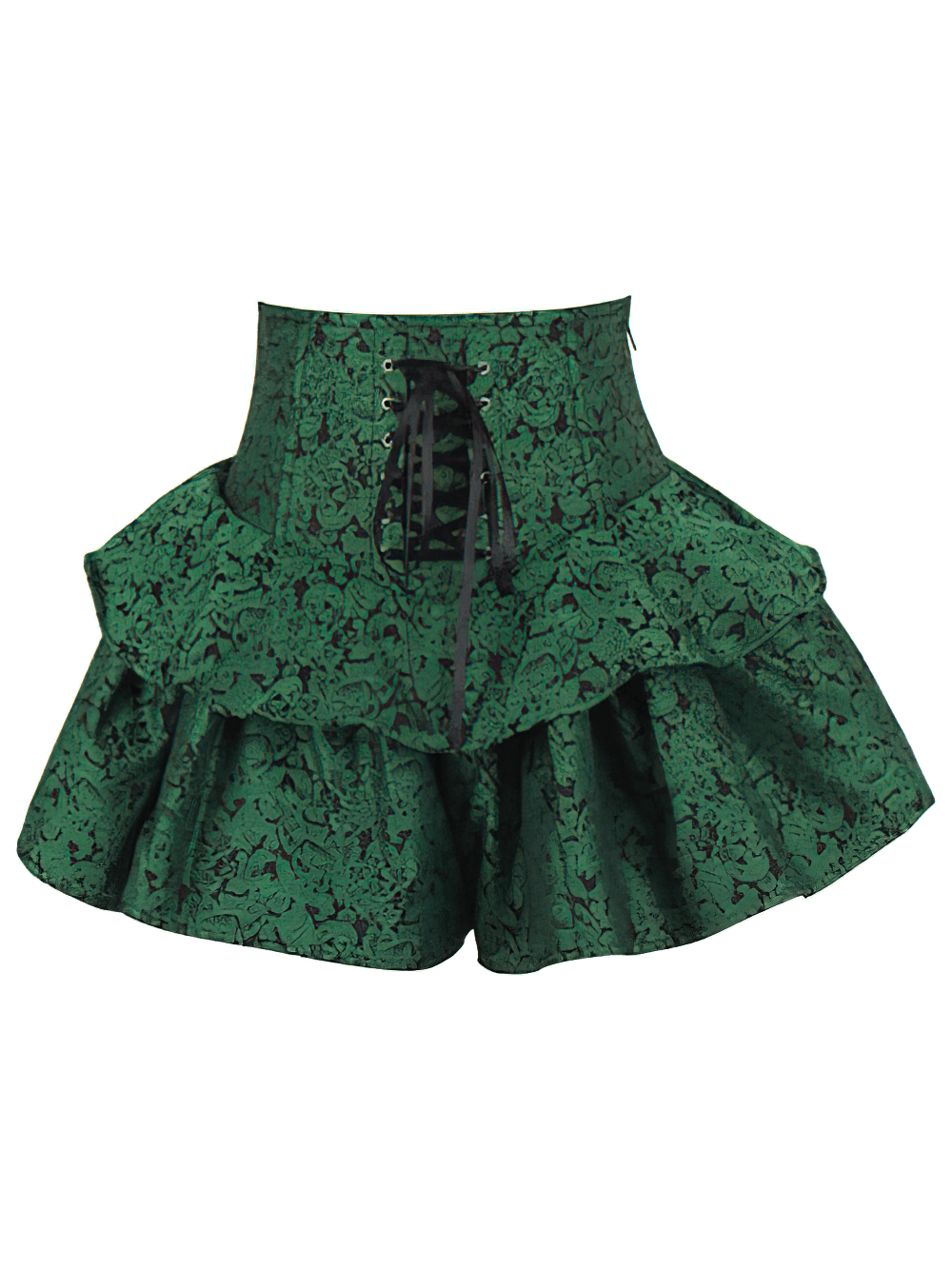 Emerald Green Brocade Corset Mini Skirt with Ruffles featuring layered ruffles and lace-up front detail.