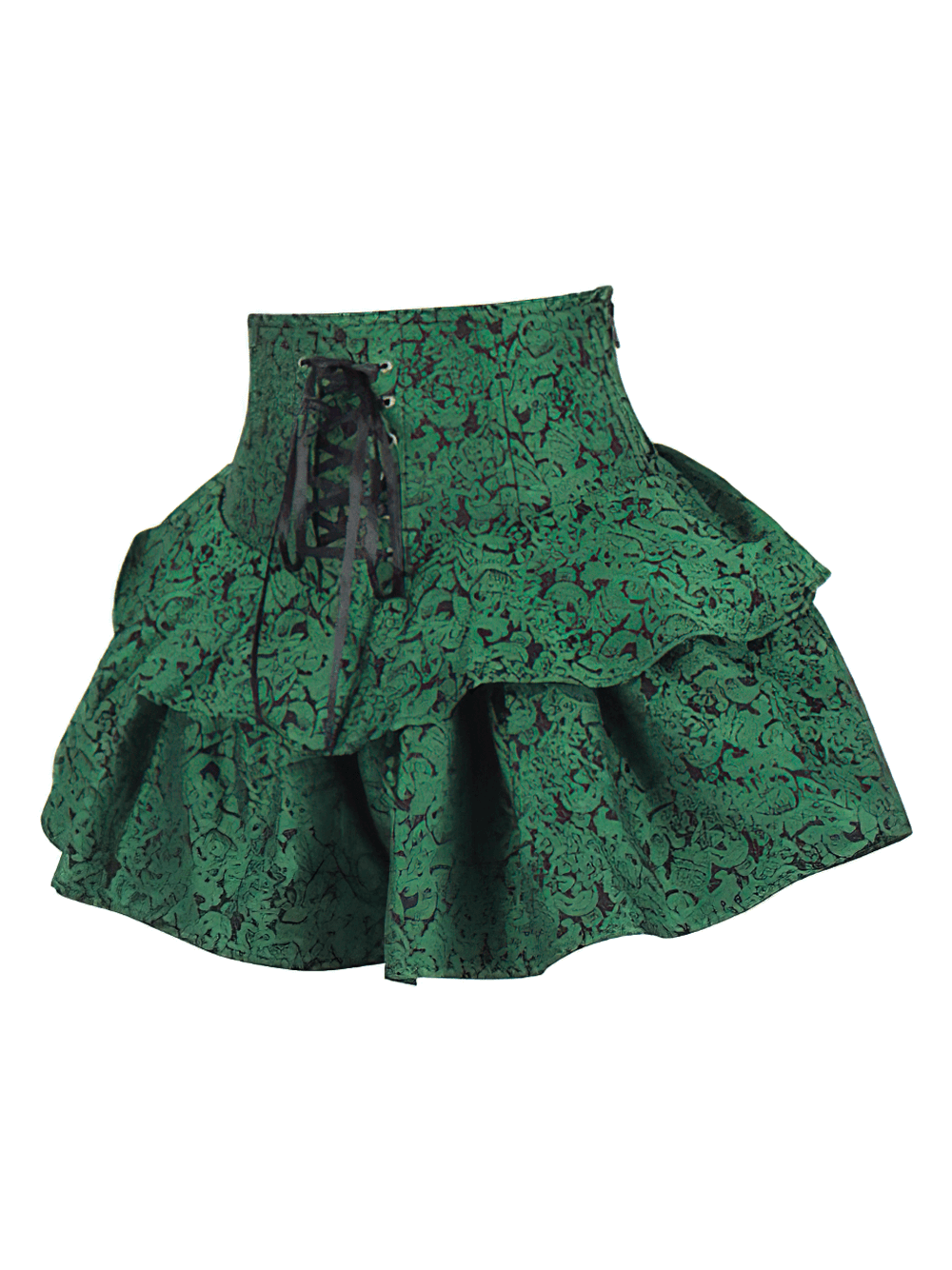 Emerald Green Brocade Corset Mini Skirt with Ruffles featuring lace-up detail and layered ruffles for gothic style.