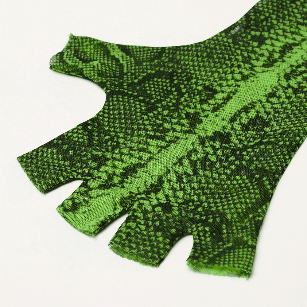 Emerald Python Print Off-Shoulder Mesh Top with Half-Gloves - HARD'N'HEAVY