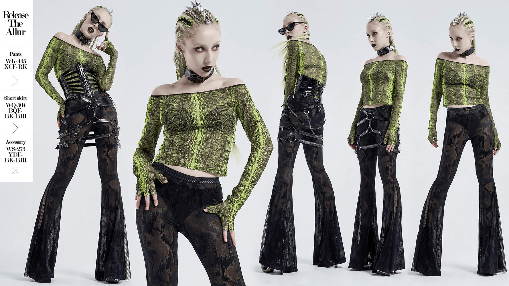 Emerald Python Print Off-Shoulder Mesh Top with Half-Gloves - HARD'N'HEAVY