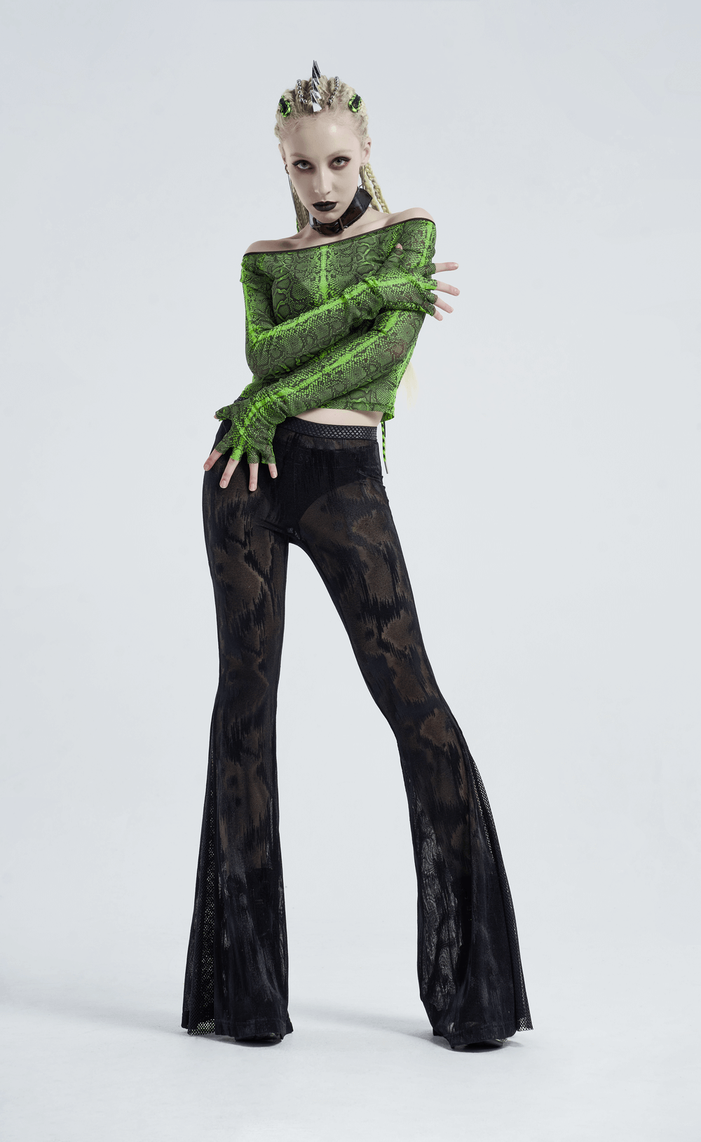 Emerald Python Print Off-Shoulder Mesh Top with Half-Gloves - HARD'N'HEAVY