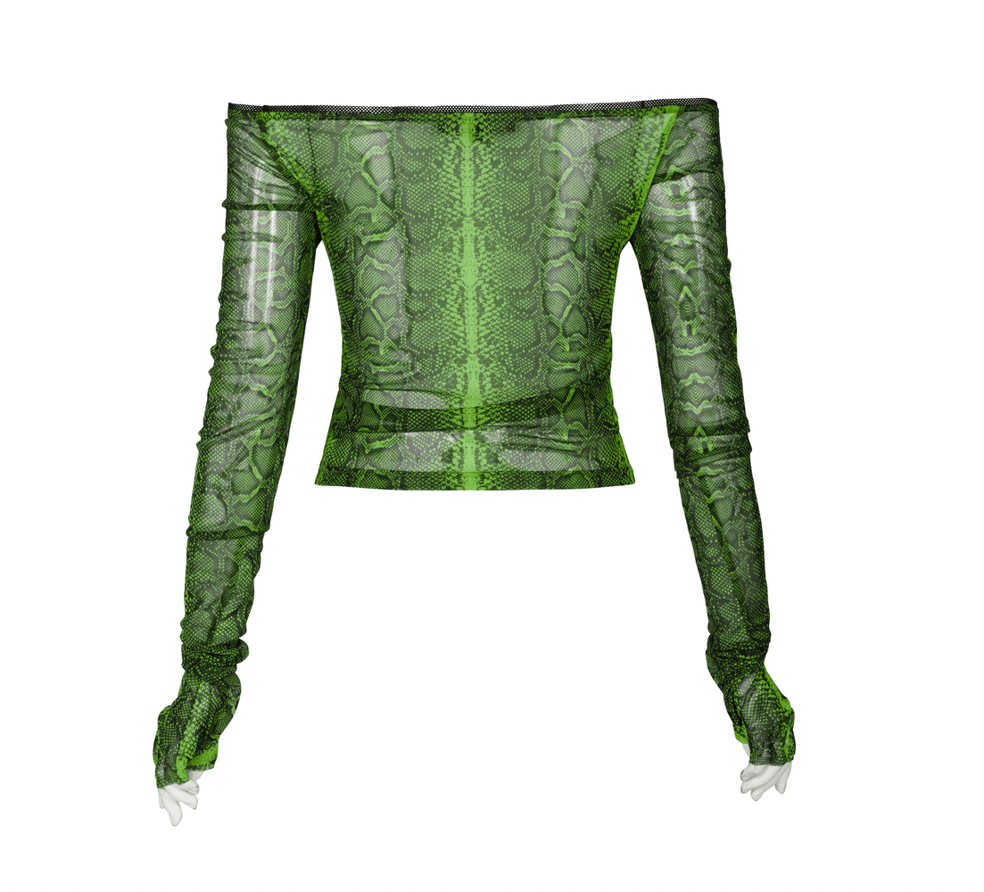 Emerald Python Print Off-Shoulder Mesh Top with Half-Gloves - HARD'N'HEAVY