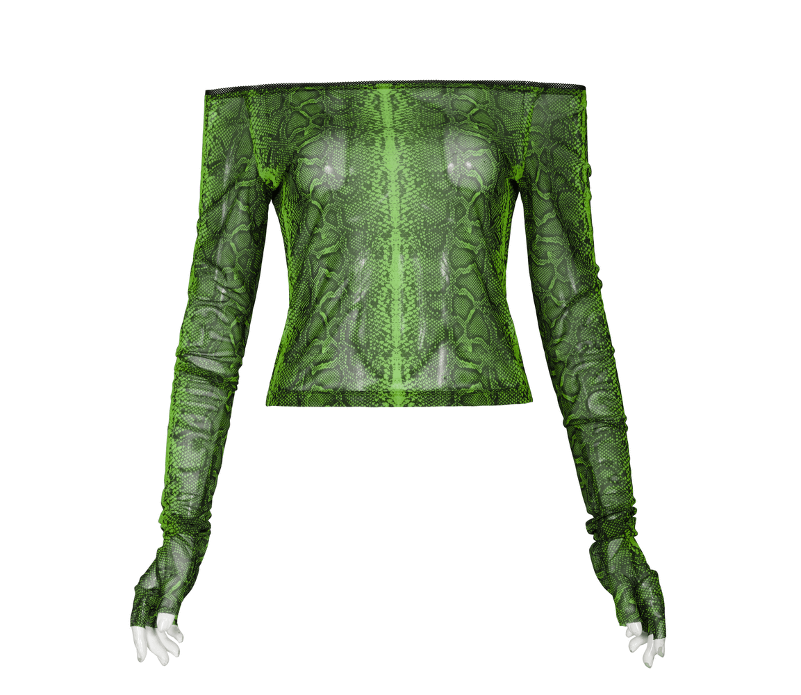 Emerald Python Print Off-Shoulder Mesh Top with Half-Gloves - HARD'N'HEAVY