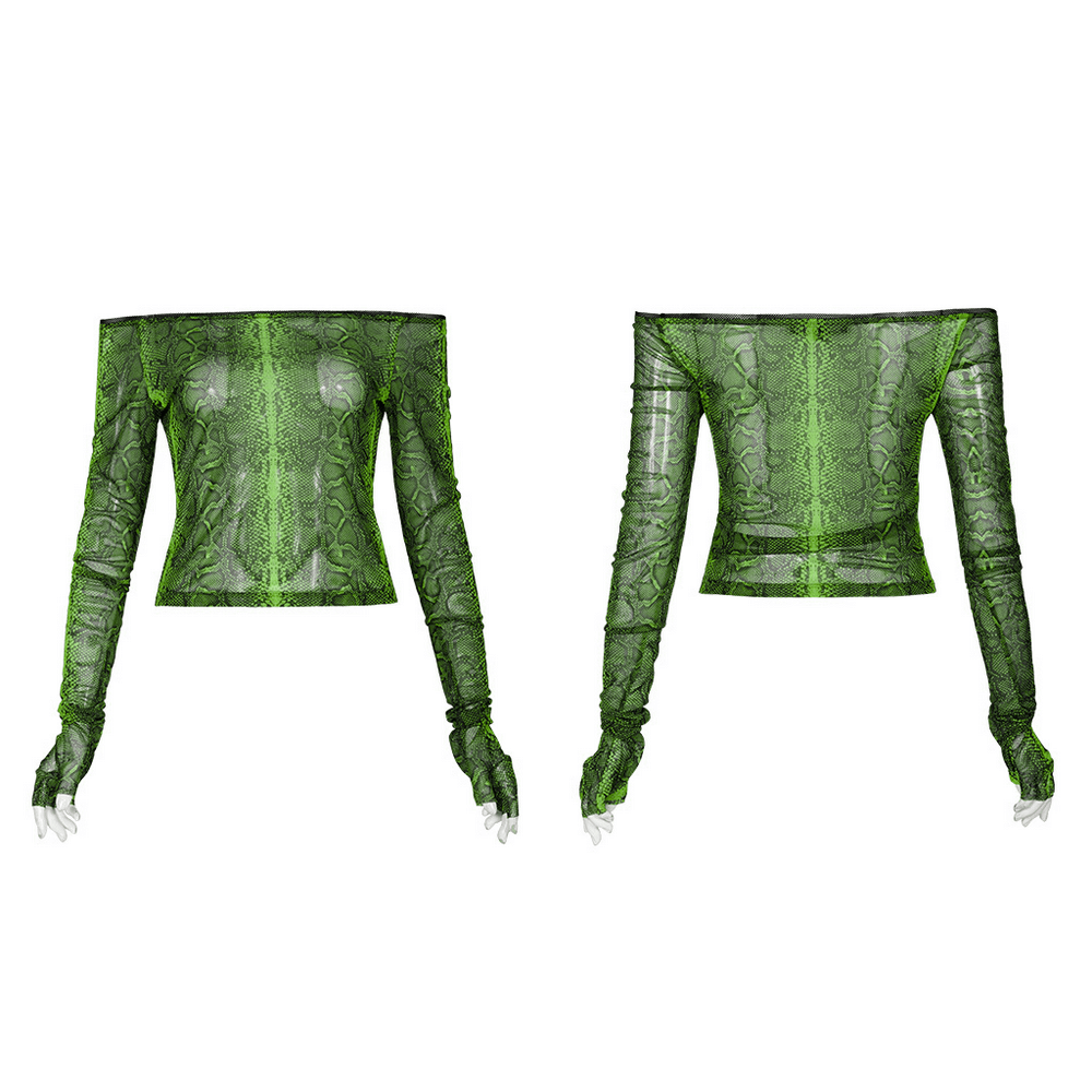 Emerald Python Print Off-Shoulder Mesh Top with Half-Gloves - HARD'N'HEAVY