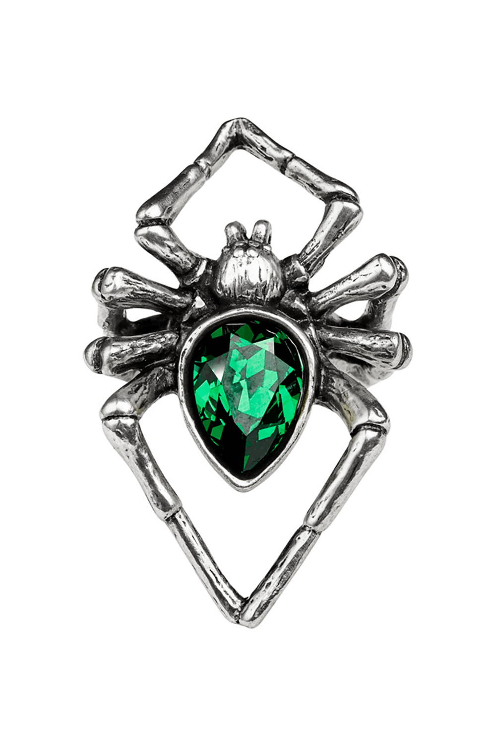 Emerald spider ring in pewter featuring a green crystal body, perfect for gothic elegance and dark allure.