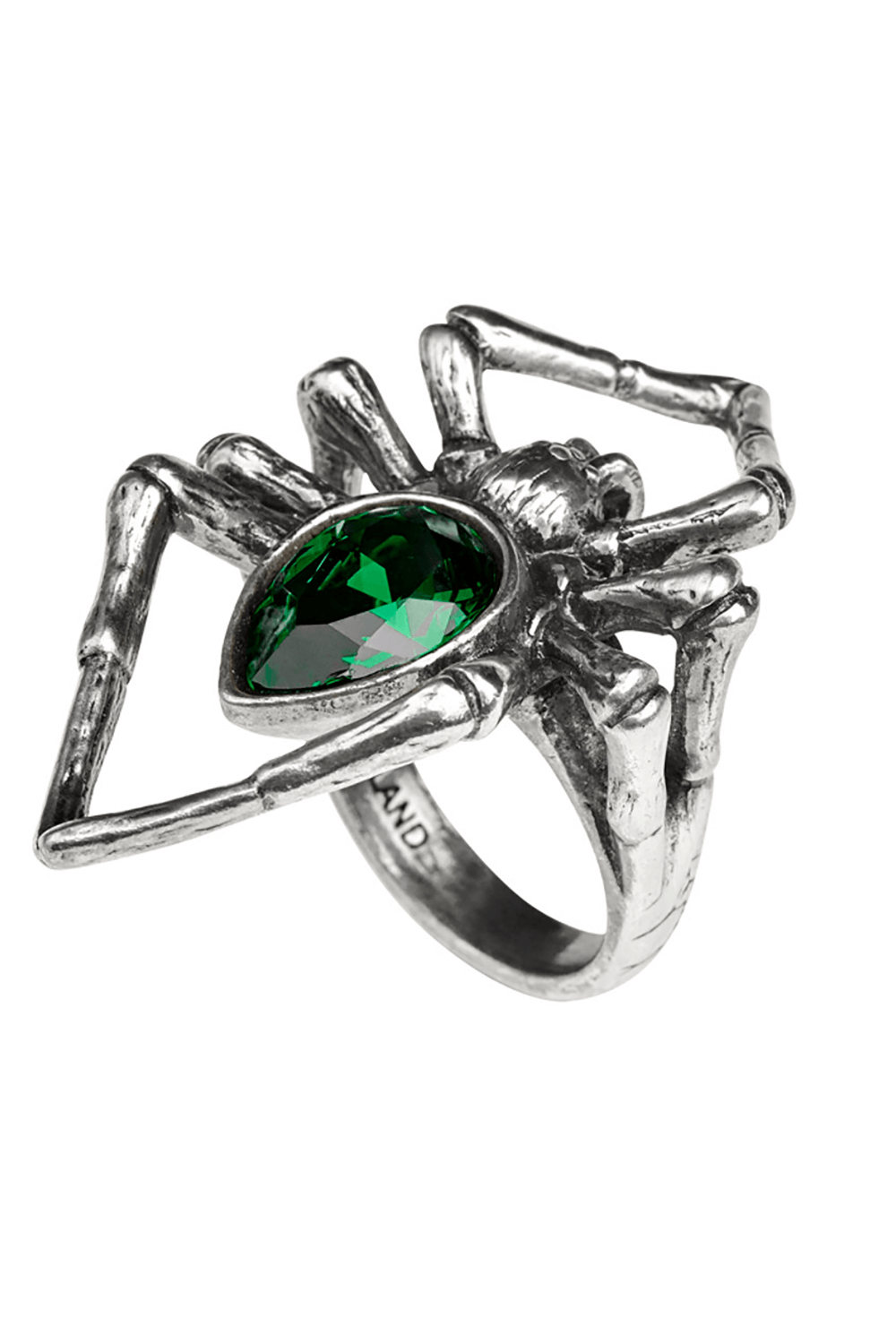 Gothic emerald spider ring in pewter with a green crystal, showcasing intricate details and dark elegance.